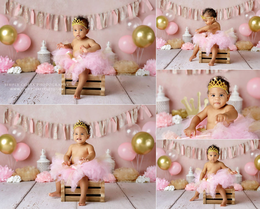 Carrollton baby photographer in Georgia, girl pink and gold princess milestone session