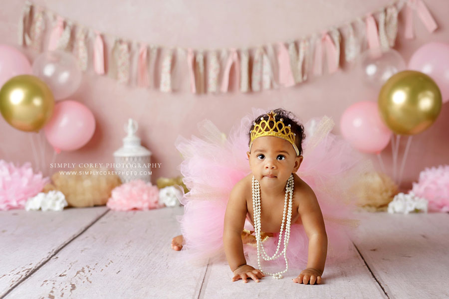 Douglasville baby photographer, girl in tutu pearls and crown for studio milestone session