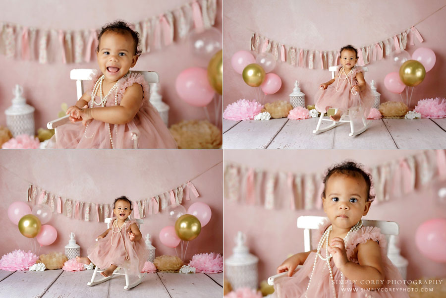 Newnan baby photographer, one year milestone session for girl in pink with pearls