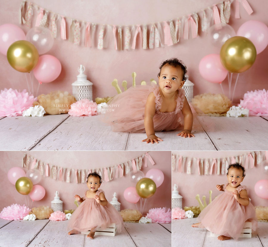 Villa Rica baby photographer, pink and gold studio one year milestone session