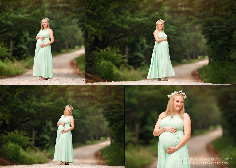 Carrollton maternity photographer in Georgia, mom in green and flower crown outside on country road