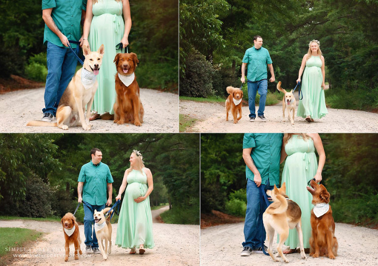 maternity photographer near Carrollton, GA; couple outside with two dogs in bandanas