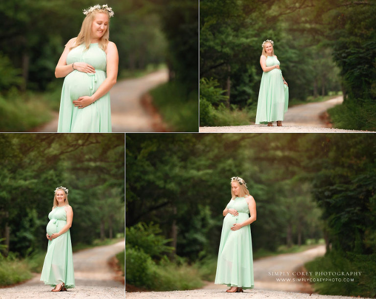 maternity photographer near Dallas, GA; mom in green dress outside in summer