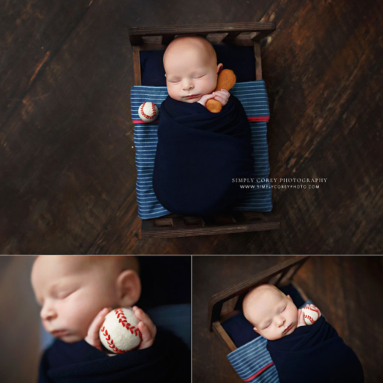 newborn photographer near Carrollton, GA; baby boy with baseball studio set