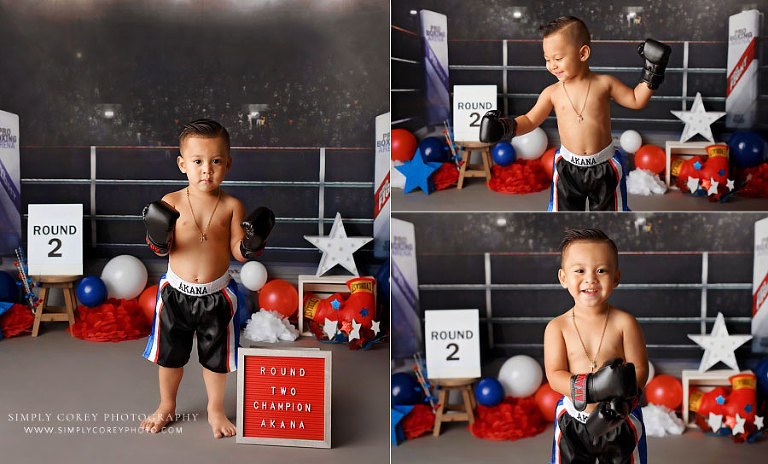 baby photographer near Carrollton, GA; studio milestone session with boxing theme