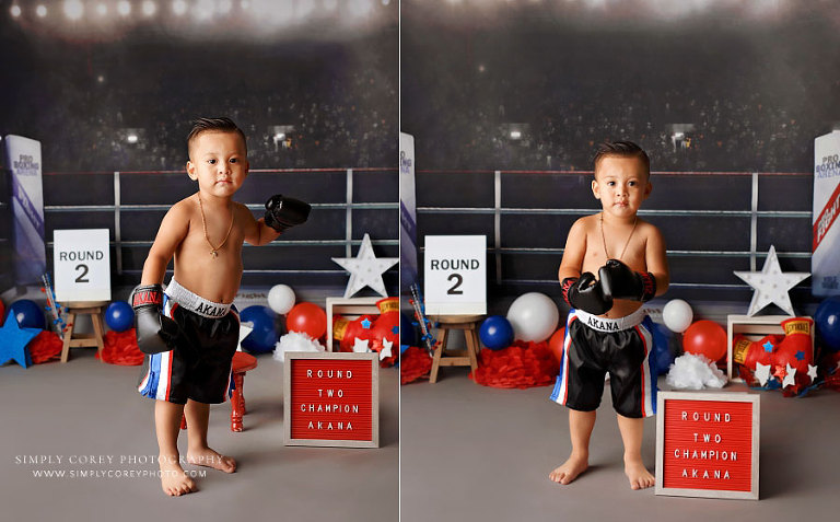 baby photographer near Douglasville, studio boxing session for 2 year milestone