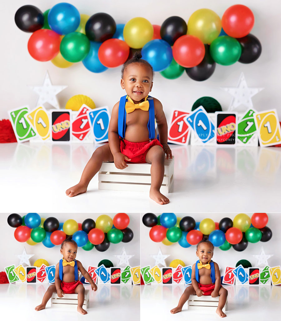 baby photographer near Atlanta, boy in suspenders for uno milestone session