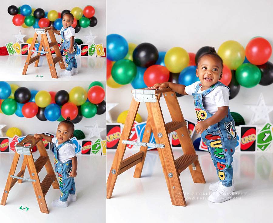 baby photographer near Lithia Springs, boy with ladder during uno milestone session