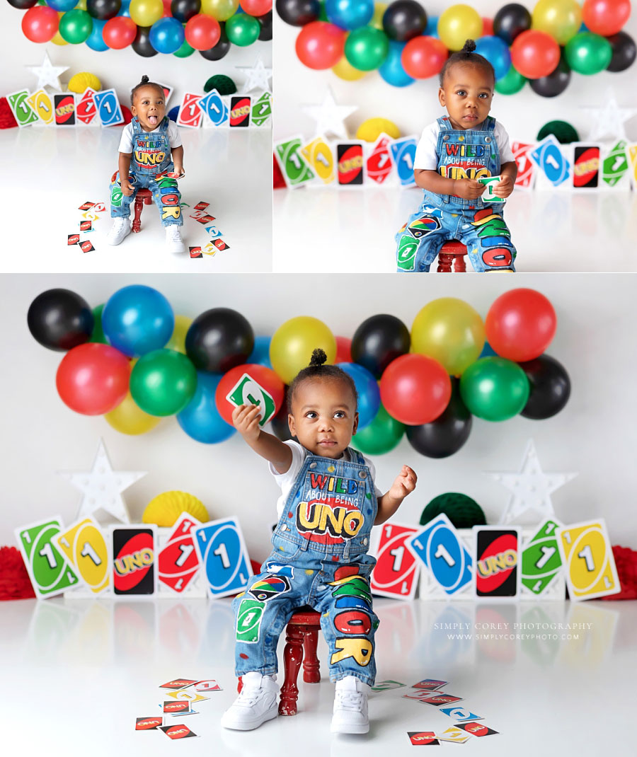 Fairburn baby photographer, one year milestone session with uno theme