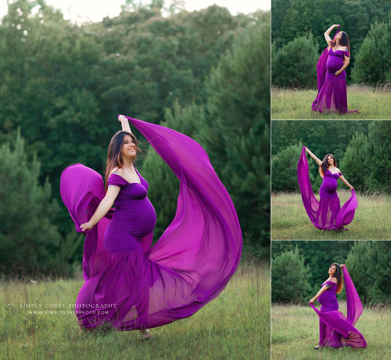 Atlanta maternity photographer, outdoor pregnancy portraits in flowy purple dress