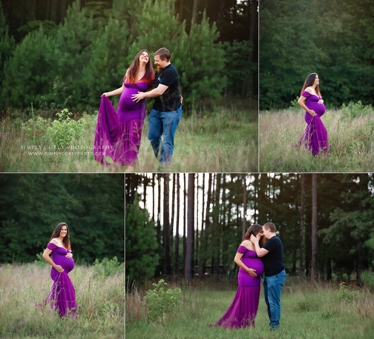 Carrollton maternity photographer in Georgia; expecting couple outside in field