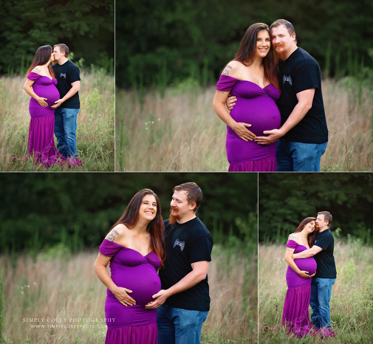Douglasville maternity photographer, couple outside in purple