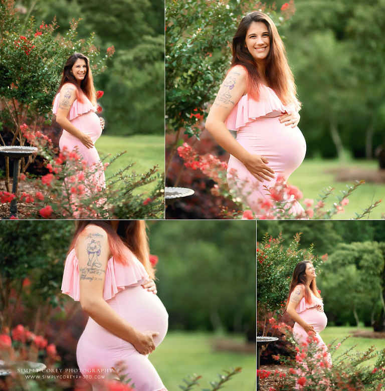 maternity photographer near Atlanta, outdoor pregnancy portraits in pink dress with flowers