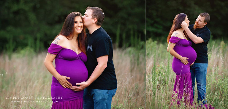 maternity photographer near Dallas, GA; couple outside in field in purple