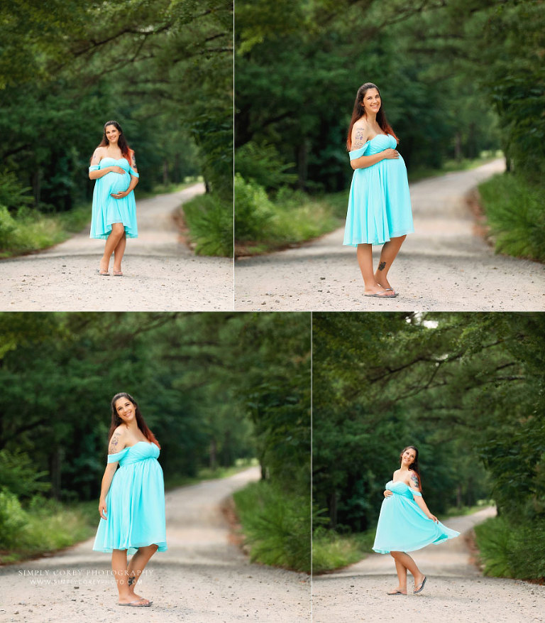 maternity photographer near Douglasville, outdoor portraits in blue dress