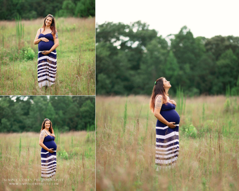 maternity photographer near Newnan, outdoor maternity session in striped dress