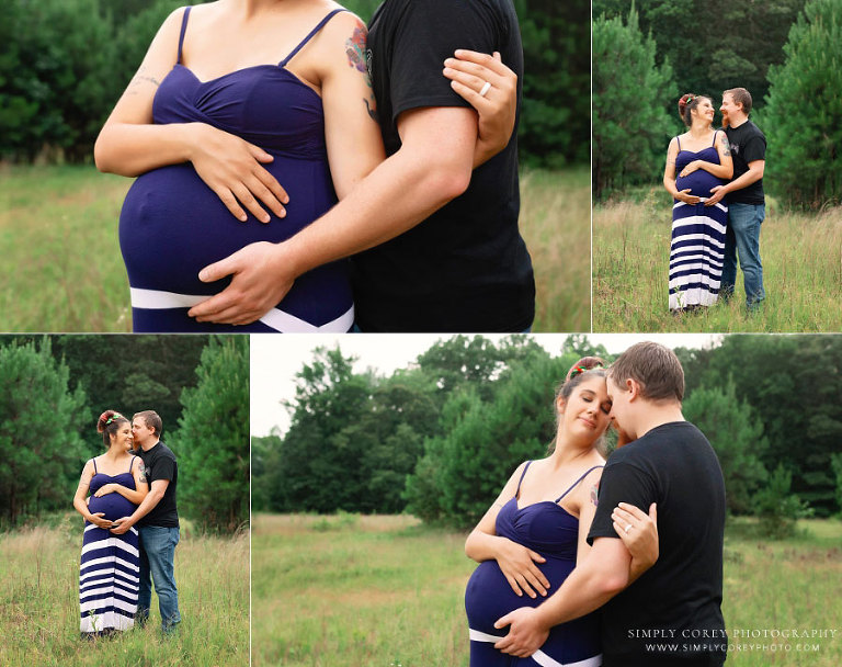 maternity photographer near Villa Rica, expecting couple outside in field