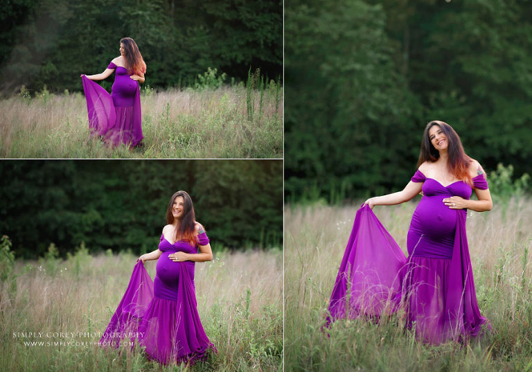 Villa Rica maternity photographer, pregnancy portraits in purple dress outside