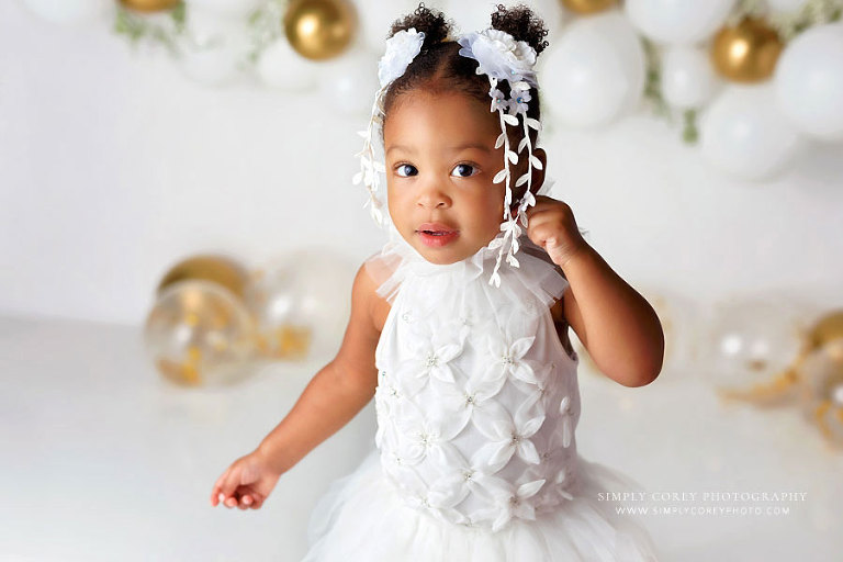 Douglasville baby photographer, white and gold milestone session for girl