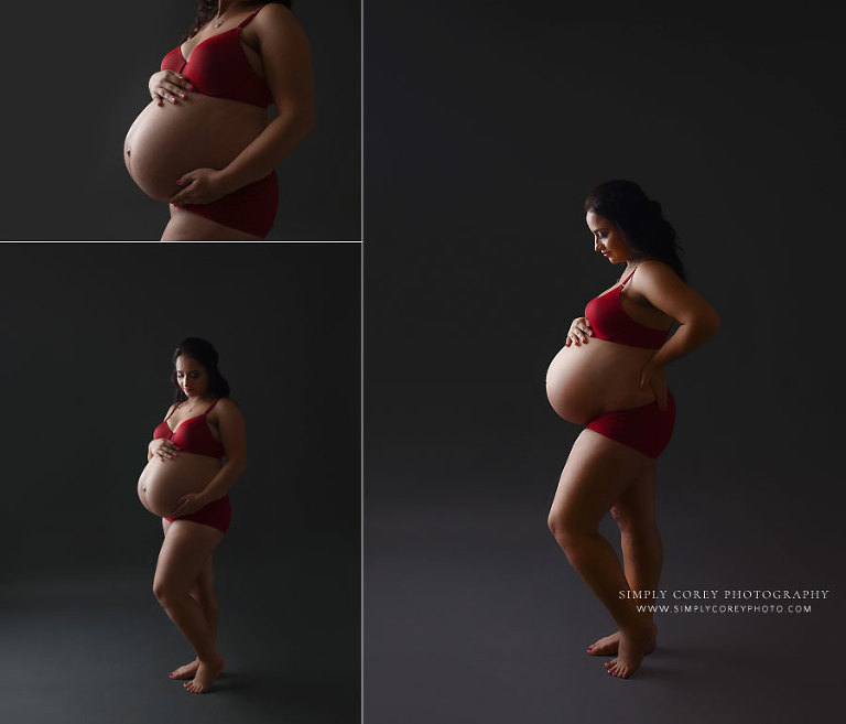 Atlanta maternity photographer, studio photography session in burgundy set with gray backdrop