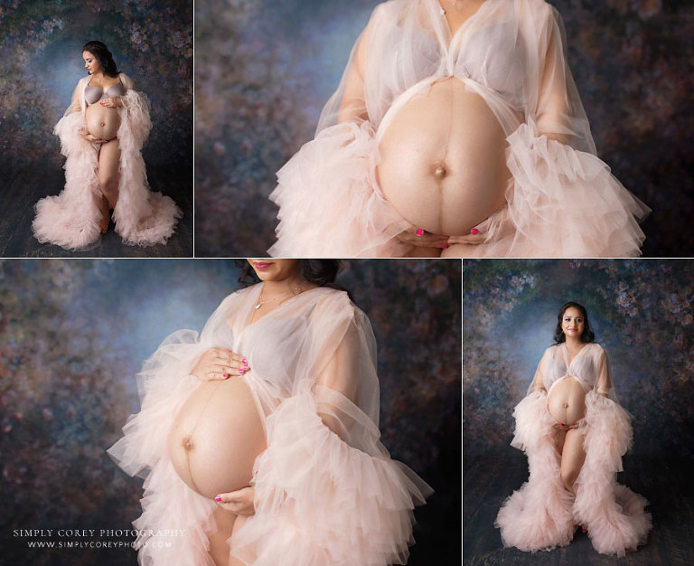 Douglasville maternity photographer, studio pregnancy portraits in pink tulle robe