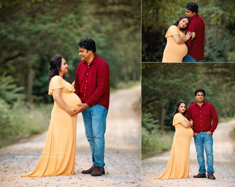 maternity photographer near Dallas, GA; coupe outside in yellow and burgundy