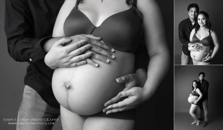 maternity photographer near Douglasville, intimate couples portraits in black and white in studio