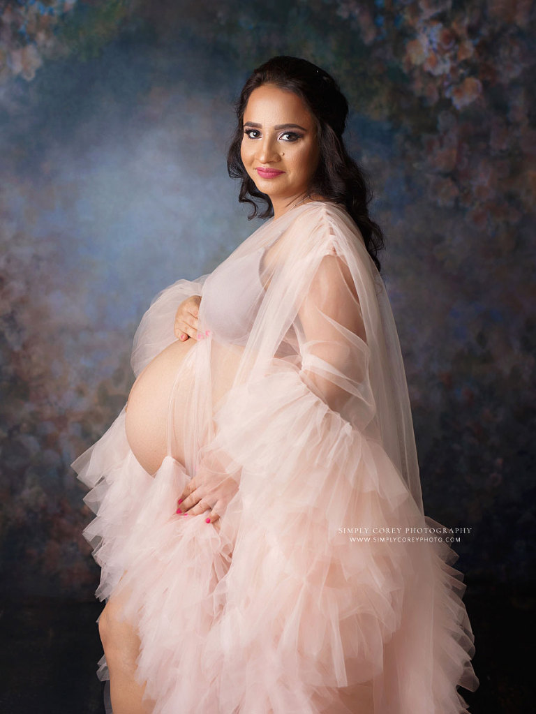 maternity photographer near Newnan, studio portrait in pink tulle robe