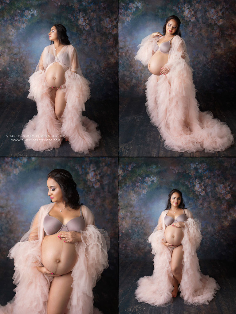 maternity photographer near Peachtree City, studio photography session with tulle robe and floral backdrop