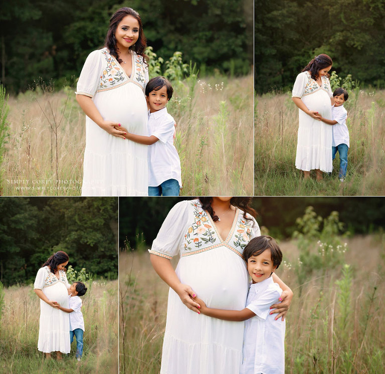 Newnan maternity photographer, pregnant mom with son outside in field