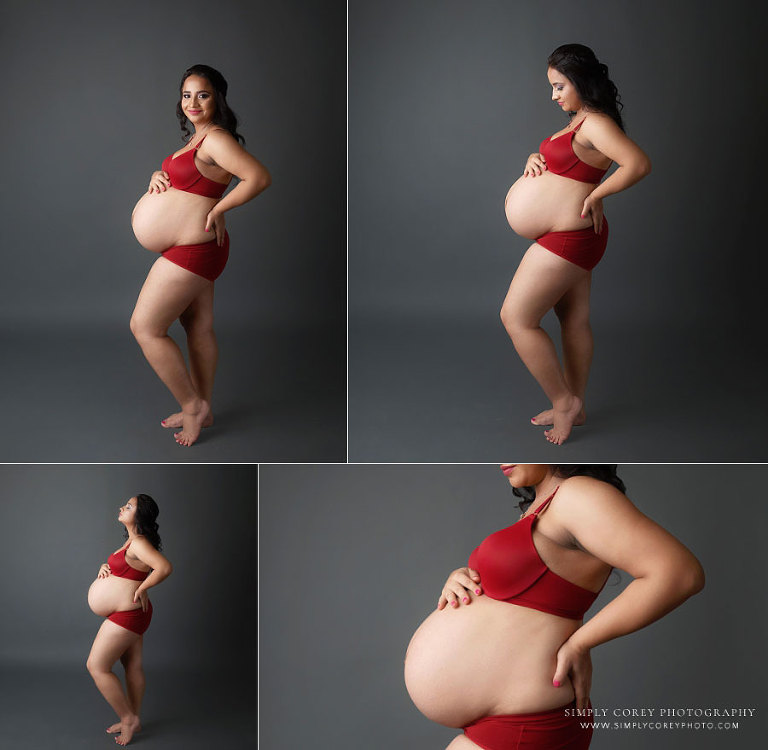 West Georgia maternity photographer, studio portraits in burgundy set with gray backdrop