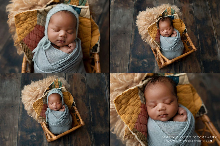 Douglasville newborn photographer, baby boy with blue wrap and quilt pieces