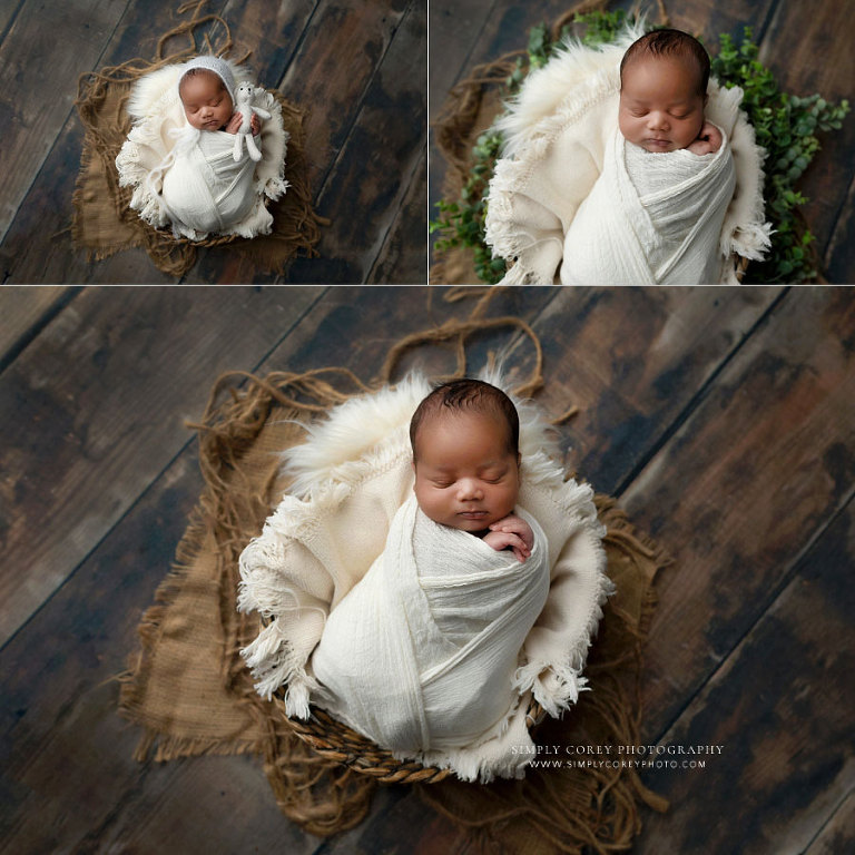 Villa Rica newborn photographer, baby boy in a basket with white swaddle wrap