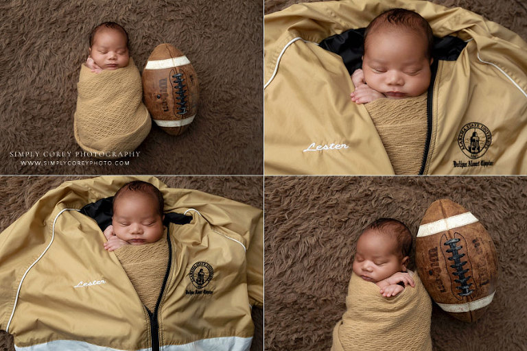 West Georgia newborn photographer, baby boy in grandpa's jacket with old football