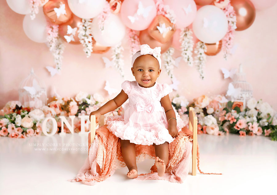 Atlanta baby photographer, milestone session with pink and rose gold balloon garland