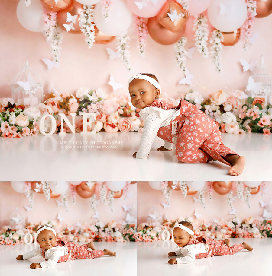 baby photographer near Douglasville, pink and rose gold studio set with florals and balloons