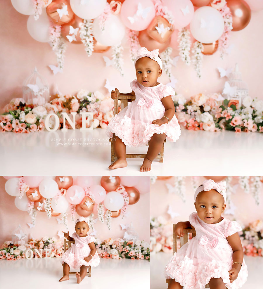 baby photographer near Fairburn, pink butterfly floral milestone session with balloons