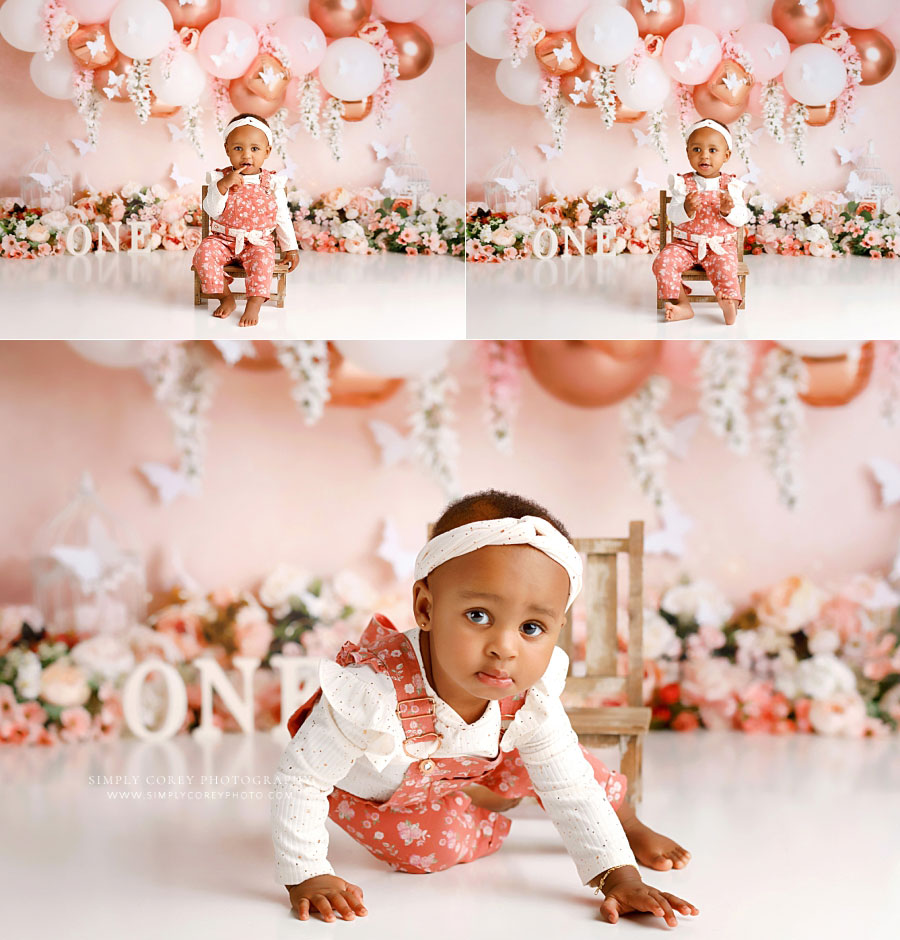 Dallas baby photographer in Georgia, pink floral milestone session with butterflies and balloons