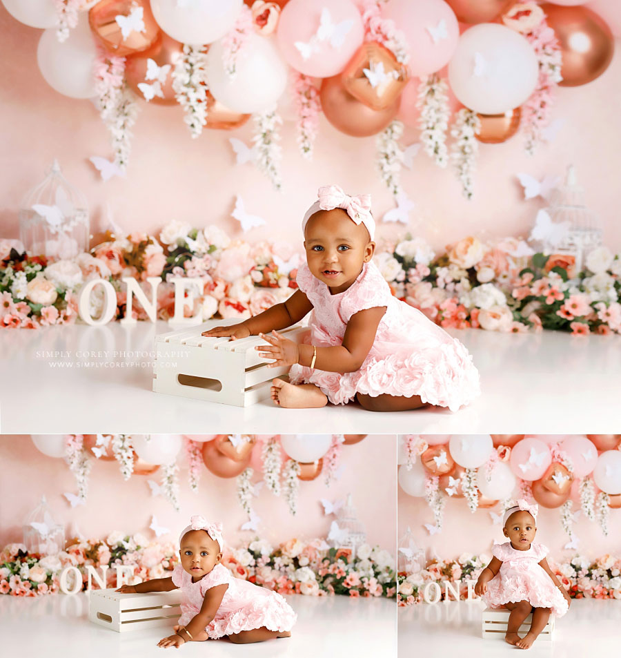 Hiram baby photographer, pink rose gold milestone session with balloons