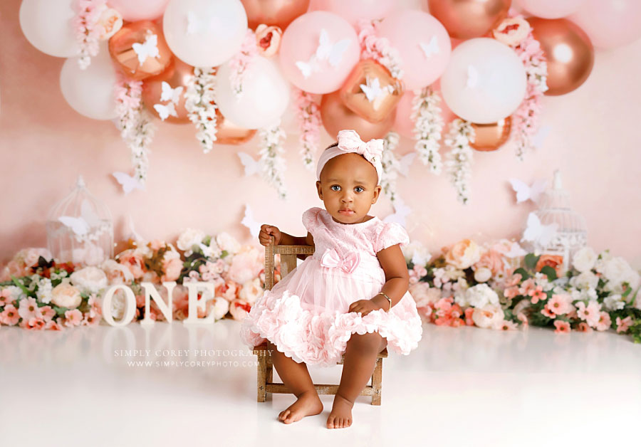 Mableton baby photographer, pink milestone studio session for first birthday