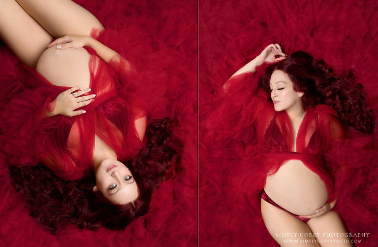 Atlanta maternity photographer, studio pregnancy portraits with red tulle