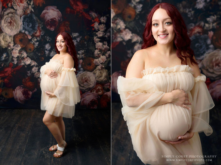 Carrollton maternity photographer, Georgia; studio portraits with floral backdrop