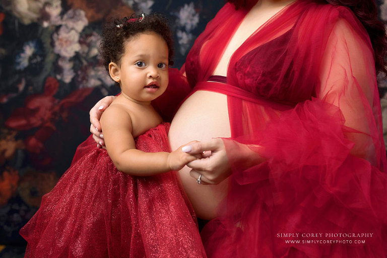 Douglasville maternity photographer, expecting mom with toddler in red tulle