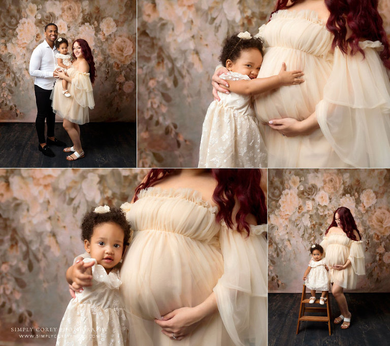 Mableton maternity photographer, studio family portraits on floral backdrop