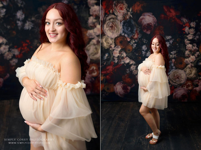 maternity photographer near Atlanta, studio pregnancy portraits with floral backdrop