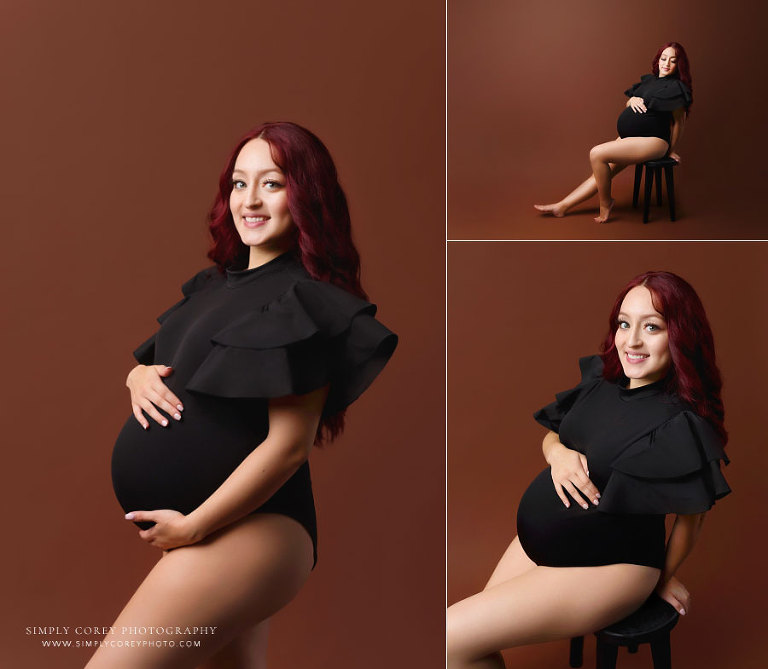 maternity photographer near Carrollton, GA; studio portraits of expecting mom in black bodysuit