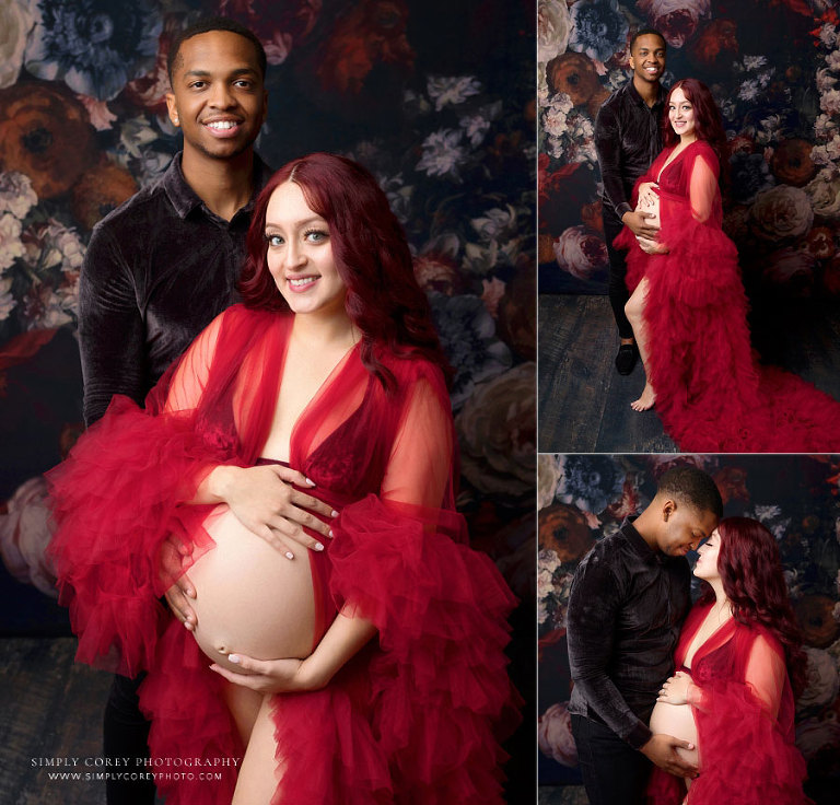 maternity photographer near Fairburn, studio portraits of expecting couple in black and red