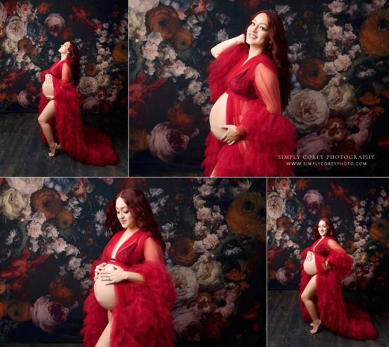 maternity photographer near Peachtree City, studio portraits with floral backdrop and red tulle robe