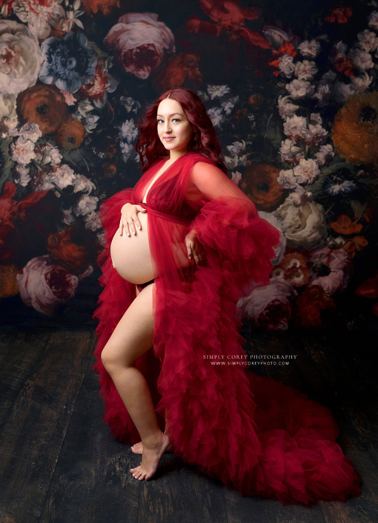 Villa Rica maternity photographer, studio pregnancy portrait in red tulle robe