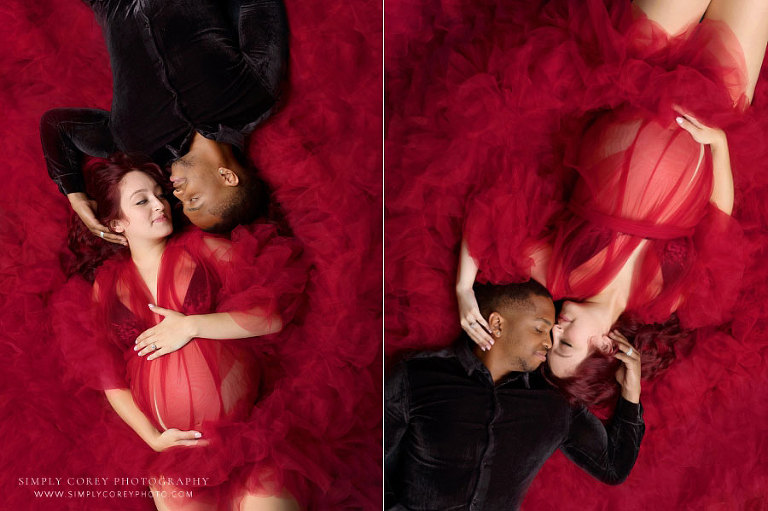 West Georgia maternity photographer, studio portraits of expecting couple with red tulle